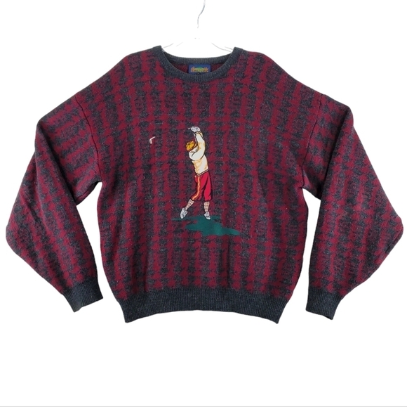 Vtg Golf Motif Knit Sweater Mens XL Maroon Red Gray Embroidered Crewneck L/S - Picture 3 of 11